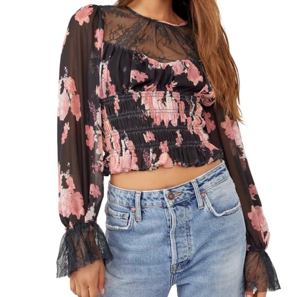 Free People Daphne Black Pink Floral Lace‎ Neck Smocked Long Sleeve Blouse XS